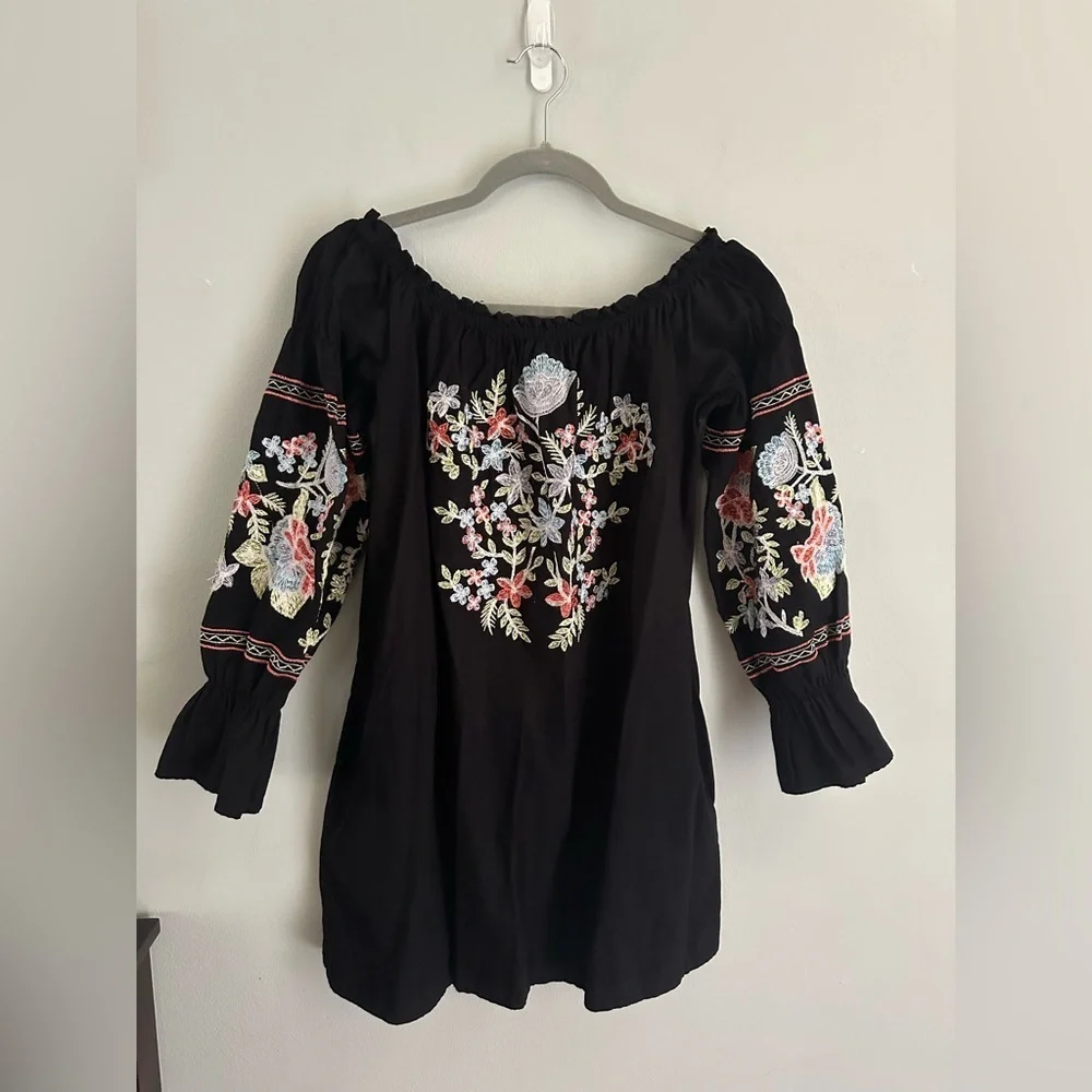 Free People Fleur Du Jour Black Floral Embroidered Off Shoulder Dress Black S